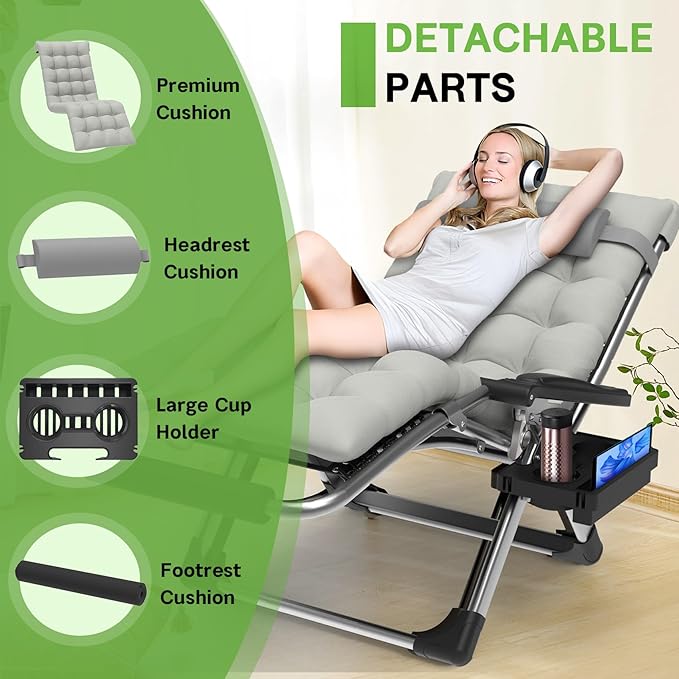 ZENPETIO 29In XL Zero Gravity Chair w/Cushion, Zero Gravity Recliner Lounge Chair for Indoor and Outdoor, Reclining Camping Chair for Lawn, Anti Gravity Chair with Cup Holder and Footrest, 440LBS