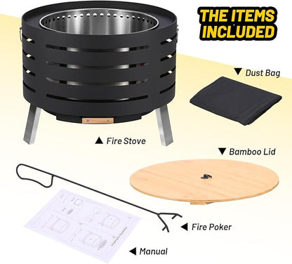 GarveeLife 26 in Smokeless Fire Pit with Removable Ash Pan, Wood Burning Firepit Table with Fire Poker,Smokeless Outdoor Fireplace with Carrying Bag, Outdoor Fire Pits for Bbq, Table, Bonfire, Camping