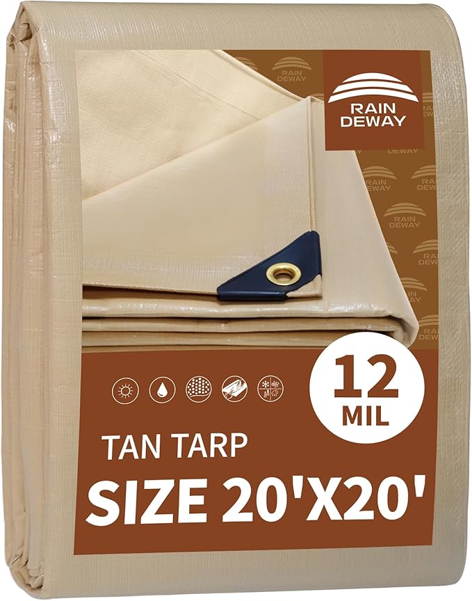 RAINDEWAY 20x20 Feet Heavy Duty Tarp,12 Mil Tan Waterproof Poly Tarp Cover,UV Resistant,Weatherproof,Durable,Multipurpose Tarps with Grommets and Reinforced Edges