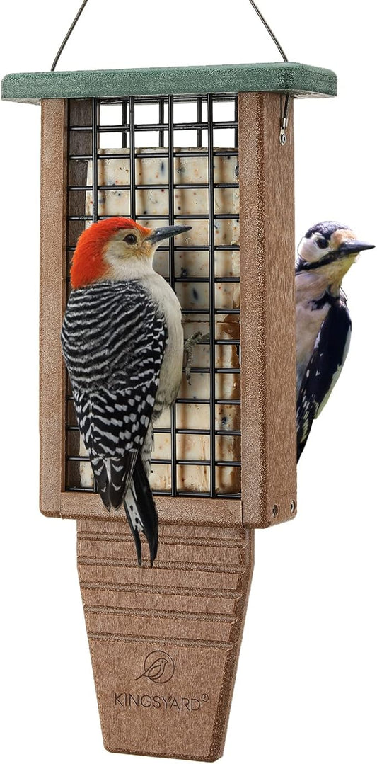 Kingsyard Recycled Plastic Suet Bird Feeder, Double Capacity Tail-Prop Suet Feeder for Outside Hanging, Sturdy & Durable, Great for Woodpecker & Clinging Birds, Green