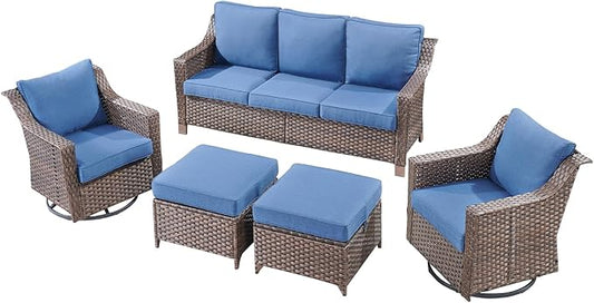 Outdoor Wicker Patio Furniture Set - 5 Piece Outside Rattan Conversation Bistro Dining Chair Sets with Rocking Swivel Chairs, 3-Seat Couch and Ottomans for Porch Yard Balcony – Brown/Blue