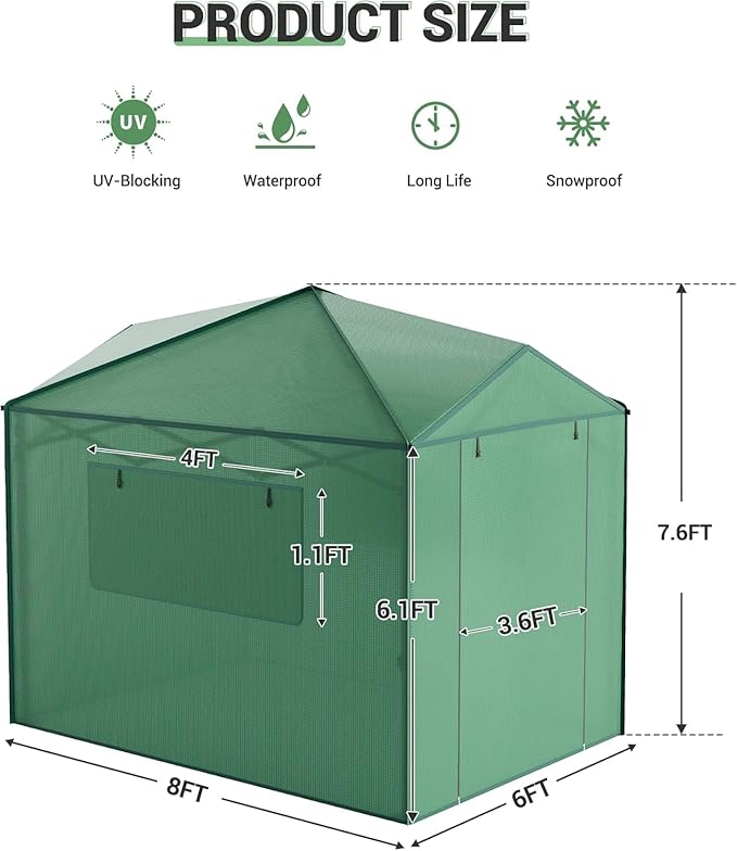 6x8FT Instant Pop-Up Walk-in Greenhouse, Plant Hot House with Galvanized Steel Frame, Green PE Cover, Roll-Up Zipper Door, Portable Large Plant Tent with Ground Pegs & Ropes for Stability