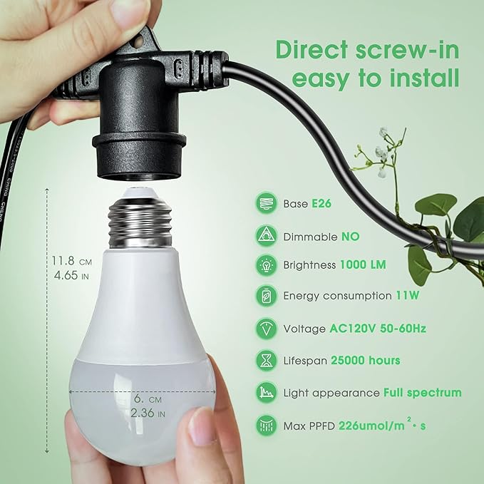 Hanging Grow Light 5000K, Briignite 3 Grow Light Bulbs with 8.86ft Power Cord, Replaceable Bulbs E26 Base, Linkable Hanging Plant Light, LED Full Spectrum Grow Lights for Indoor Plants 300W Equivalent