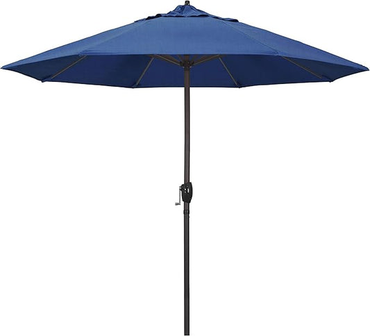 California Umbrella 9' Round Sunbrella Aluminum Outdoor Deck, Pool or Patio Umbrella, Crank Lift, Auto Tilt, Bronze Pole, Regatta