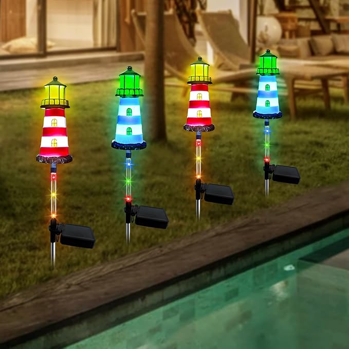 Solar Lighthouse Outdoor Decor (2PACK) Ideal for pathway lighting in gardens, walkways, and patios. Enhances garden, lawn, planter, backyard, and courtyard decor. Nautical-Style Outdoor Solar Lights