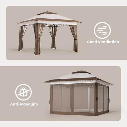 Bealife 11x11 Pop Up Gazebo Tent with Mosquito Netting, Outoor Canopy Tent with 4 Sandbags, 8 Stakes, 4 Ropes, Roller Bag, Pop Up Canopy Tent for Lawn Backyard Garden Deck, Beige