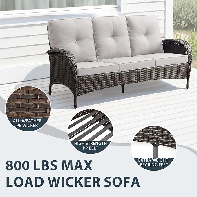 7 Piece Patio Furniture Set with Fire Pit Table - Wicker Patio Conversation Set with Swivel Glider, 3 Seat Sofa, Side Table and 2 Ottomans for Deck Backyard - Brown Wicker Beige Cushion