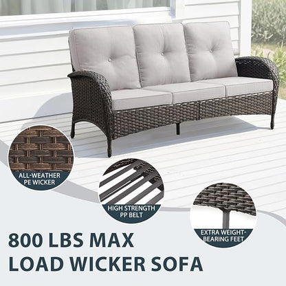 6 Piece Patio Furniture Set - Wicker Patio Conversation Set with Swivel Glider, 3-Seater Sofa, Tempered Glass Side Table and 2 Ottomans for Deck Backyard - Brown Wicker Beige Cushion