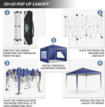 COBIZI 10x10 Pop Up Canopy Tent with 4 Removable Sidewalls, One Person Setup, Outdoor Event Commercial Canopy, UV Protection 50+, 3 Adjustable Heights, Carry Bag, Sandbag, Stakes & Ropes, Navy Blue