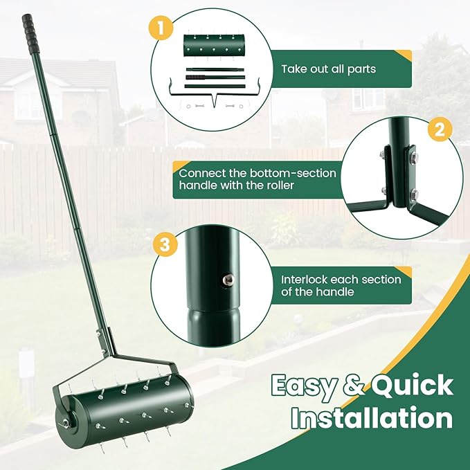 IRONMAX Rolling Lawn Aerator, Sand/Stone Filled Manual Dethatching Soil Aerating Push Tool with Ergonomic Handle, Grass Aerator Lawn Tool for Yard, Garden, Lawn Health Care (18''W x 51''H)