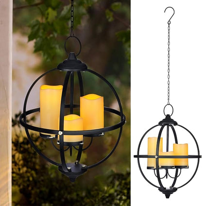 Battery Operated Outdoor Candle Chandelier - Black Metal Globe Hanging Pendant Light with 3 Flameless Candles, 12.6" Waterproof Lights for Gazebo, Pergola, Garden, Porch & Backyard