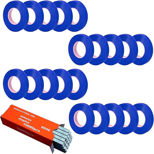 20Rolls of 100 Feet tie Tape and 1 Box of Staple (10000 PCS Staples) for Plant Tying Machine,Plant Tape for Climbing Plants, Grapes, Raspberries, Tomatoes and Vining Vegetables Flowers-Blue