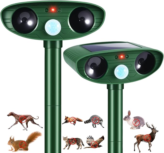 2 Pack Solar Animal Repellent Ultrasonic Outdoor Squirrel Racoon Fortress pro,Cat Deer Repellent with Motion Sensor,Waterproof Mouse Dog Skunk Rabbit Deterrent for Yard