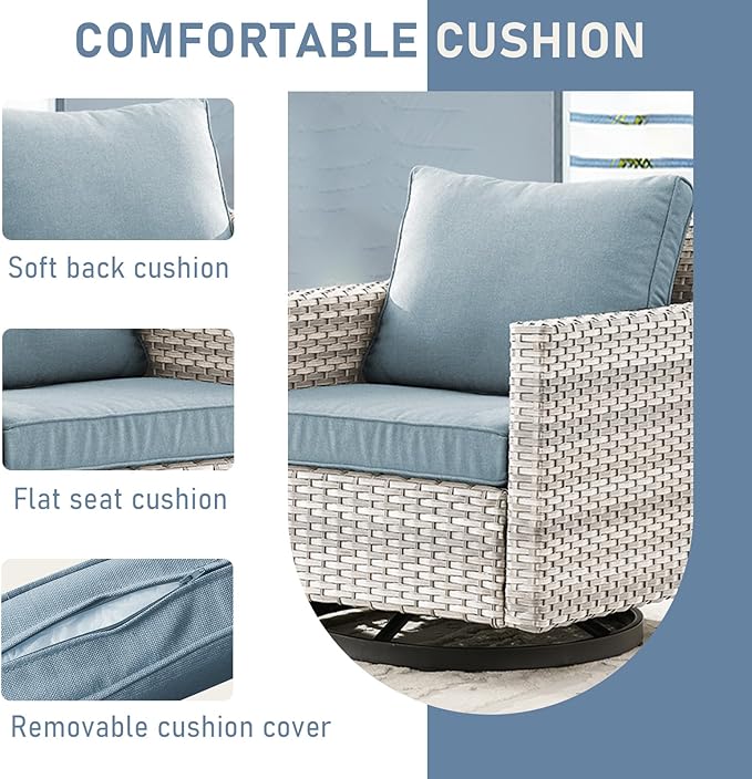 Outdoor Swivel Rocker Chairs, Patio Swivel Chair Set, Wicker Swivel Patio Chairs Set of 2 with One Side Table, Light Grey/Light Blue
