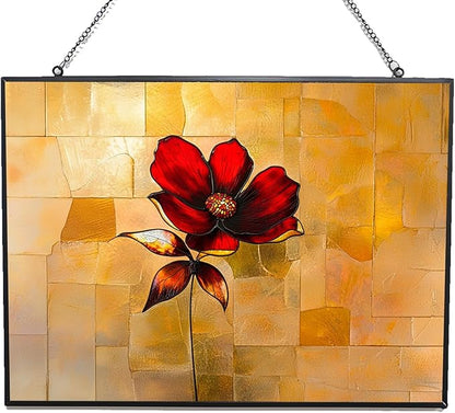 Personalized Rectangle Red Flower Stained Glass Window Hangings Stained Glass Suncatcher Birthday Gift for Mom Grandma Teacher Women Friend Memorial Hook