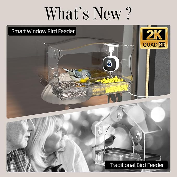 Freesason Smart Bird Feeder with Camera & AI Bird Identifier, 2K HD Auto-Capture Video, Window Mounted with Strong Suction Cups, Unique Tech Gift for Birds Watchers (Clear)