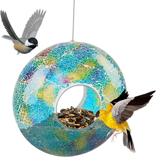 Mosaic Bird Feeder - Outdoor Fly Through Wild Hanging Bird Feeders with Mosaic Glass Design, 9 Inch, Blue