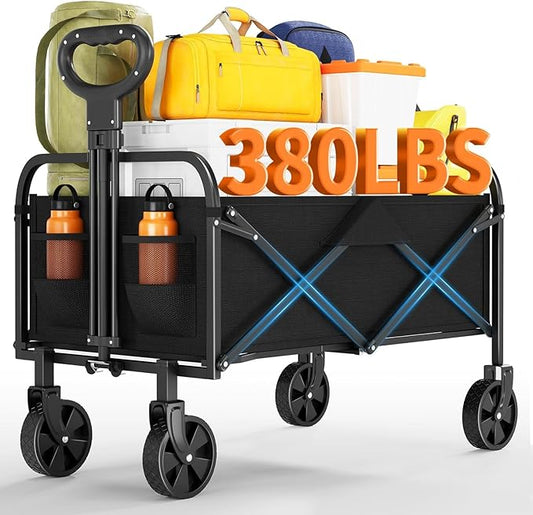 Collapsible Wagon Cart 380Lbs Capacity, Foldable Utility Portable Beach Wagon with All-Terrain Wheels, Adjustable Handle & Drink Holders, Carts with Wheels for Grocery, Camping, Shopping, Garden Cart