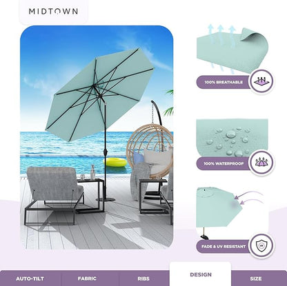 Midtown Umbrellas 10-Year-No-Fade - 9 Ft - UV Proof Seawater Aqua Polyester Fabric - Umbrella Outdoor Patio, Auto-Tilt Aluminum Frame Patio Umbrella for Garden, Pool & Deck - Black Pole