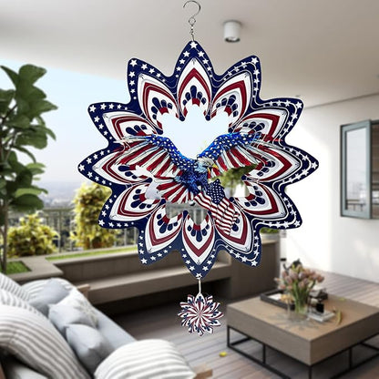 Eagle Wind Spinners for Yard and Garden,Wind Spinner Hanging,3D Metal Wind Catchers,12in American Flag Kinetic Spinner,Fourth of July Independence Day Party Decorations for Indoor Outdoor(Round)