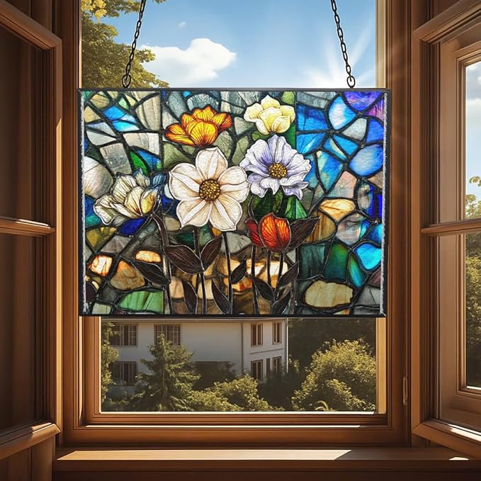 Customized Rectangle Lotus in The Lake Stained Glass Window Hanging, Stained Glass Suncatcher for Women, Window Decor Perfect Home Décor