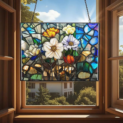 Customized Rectangle Lotus in The Lake Stained Glass Window Hanging, Stained Glass Suncatcher for Women, Window Decor Perfect Home Décor