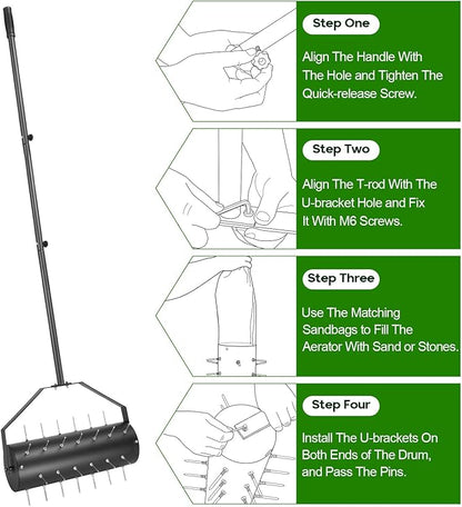 18-inch Rolling Lawn Aerator Tool, 50"-70" Handle Heavy Duty Spike Aerator with Sandbag, 40 Iron Spikes Tighten with Patience, Manual Rolling Aerator Lawn for Yard Garden