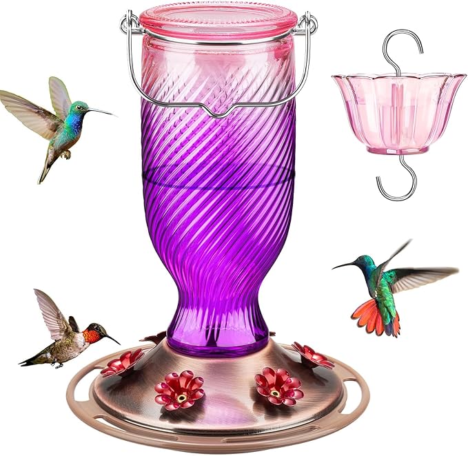 Kingsyard Glass Hummingbird Feeders for Outdoors, 24 oz Hummingbird Nectar Feeder for Outdoors Garden Yard D�cor, 6 Feeding Ports, Ant Moat Included, Easy to Clean & Refill, Purple
