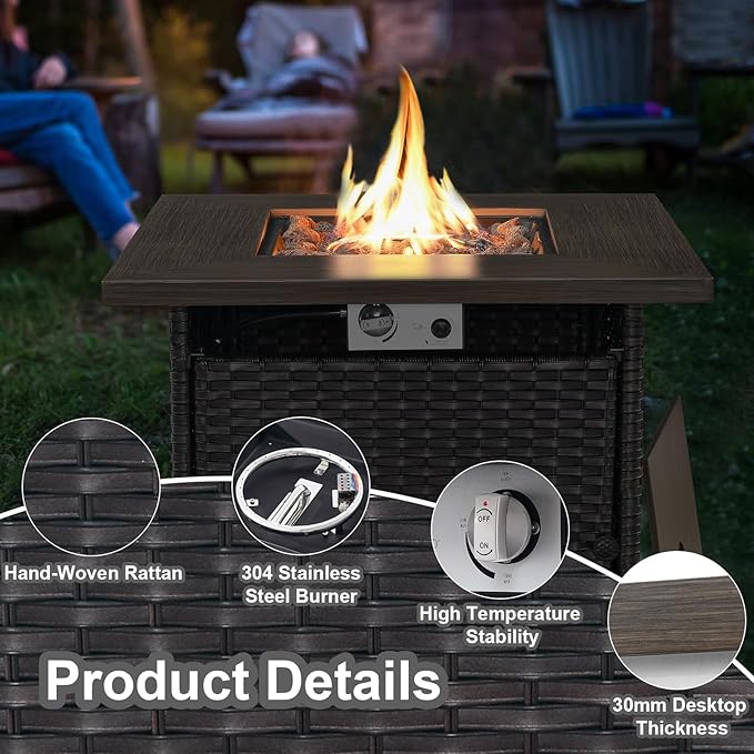 HUMMUH Patio Furniture with Fire Pit 4-Piece Wicker Outdoor Sectional Couch with Swivel Rocking Chairs, Propane Fire Pit Conversation Set for Garden, Backyard, Deck