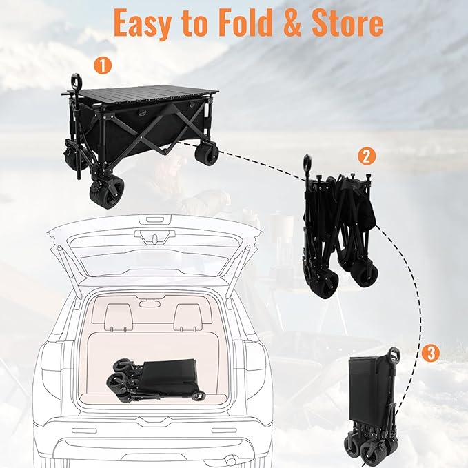 Collapsible Foldable Wagon Cart with Big Wheels and Tabletop, Large Capacity 440Lbs Folding Utility Wagon Carts for Sand, Beach, Camping, Shopping, Sport (Black)