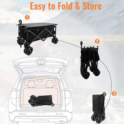 Collapsible Foldable Wagon Cart with Big Wheels and Tabletop, Large Capacity 440Lbs Folding Utility Wagon Carts for Sand, Beach, Camping, Shopping, Sport (Black)