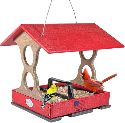 JCS Wildlife Medium Poly Fly-Thru Bird Feeder w/Removable Seed Tray - Holds 4 Cups of Bird Seed to Attract Cardinals, Chickadees, and More Backyard Birds (Red and Tan)