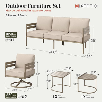 5-Piece Patio Outdoor Conversation Furniture Set with 2 Swivel Chairs, Steel Modern Outdoor Patio Conversation Sets with Thick Cushions for Porch, Balcony, Backyard - Beige