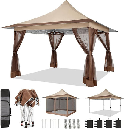 COBIZI 12x12 Pop up Canopy Gazebo on Clearance, Outdoor Canopy Tent with Mosquito Netting & Sandbags,Patio Portable Gazebo for Garden,Backyard & Lawn,Khaki