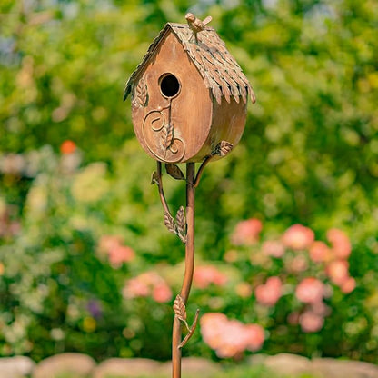 Copper Color Bird House Garden Stake with Ornate Style Roof (Round Bottom)