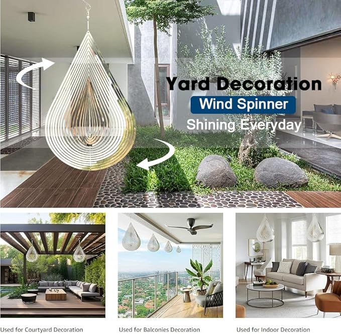 Wind Spinner Flowing-Light Effect Courtyard Decorations Made of Stainless Steel House Hanging Decoration 12“x 8“ Spinners with a 360° Rotating Hook (2 pcs Water Drop-Silver)