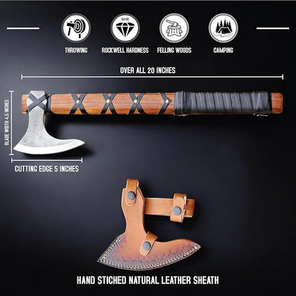 Viking Axe of Ragnar Lothbrok Hunting Axe with Rosewood Handle - Hand-Forged High Carbon Steel Sharp Blade, Handmade Camping Axes, Hatchet-Norse Ax, Tomahawk Vikings Bearded Axes, with Leather Sheath