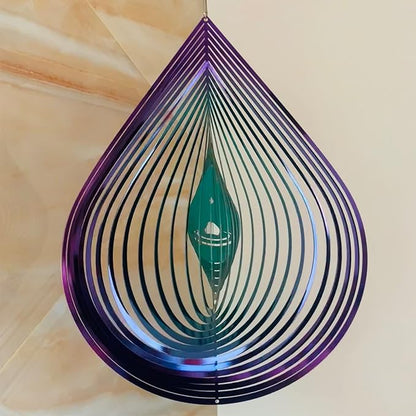Wind Spinner Garden Indoor Outdoor Decor 3D Stainless Steel Metal Hanging Decorations, 3D Water Droplets Pattern Metal Wind Sculptures & Spinners Whirligig Gifts with 12inch(Green&Purple)