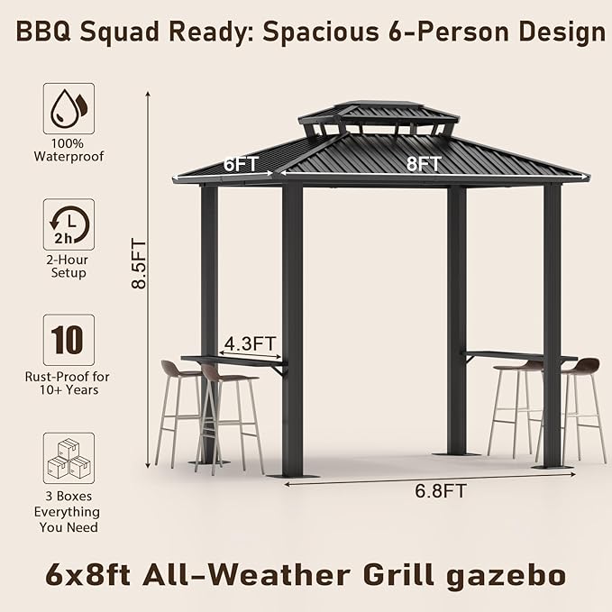 Hoteel 6x8ft Hardtop Grill Gazebo, Outdoor Patio Aluminum Frame Barbecue Gazebo with Galvanized Steel Double Roof and 2 Side Shelves for Deck Lawn Backyard Garden and Party, Black(2025 Upgraded)
