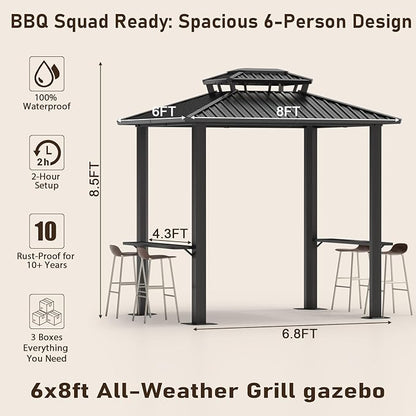 Hoteel 6x8ft Hardtop Grill Gazebo, Outdoor Patio Aluminum Frame Barbecue Gazebo with Galvanized Steel Double Roof and 2 Side Shelves for Deck Lawn Backyard Garden and Party, Black(2025 Upgraded)