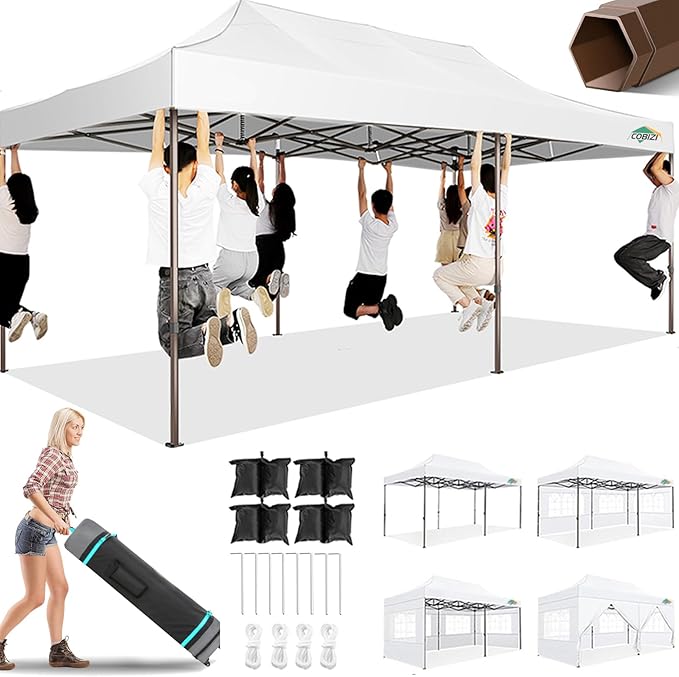 COBIZI 10x20 Pop Up Heavy Duty Canopy with 6 Sidewalls and Hexagonal Legs, Easy up Tent for Parties, Commercial and Wedding, Outdoor Canopy with Roller Bag, Sand Bags, Waterproof & UPF50+ (White)