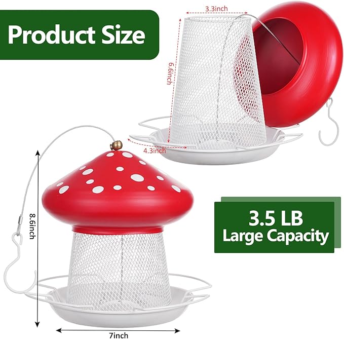 Bird Feeder, Heavy Duty Metal Bird Feeders for Outdoor Hanging, Cute Mushroom Shape 3.5 LB Large Capacity Wild Birdfeeder for Outside Garden Yard (Red)