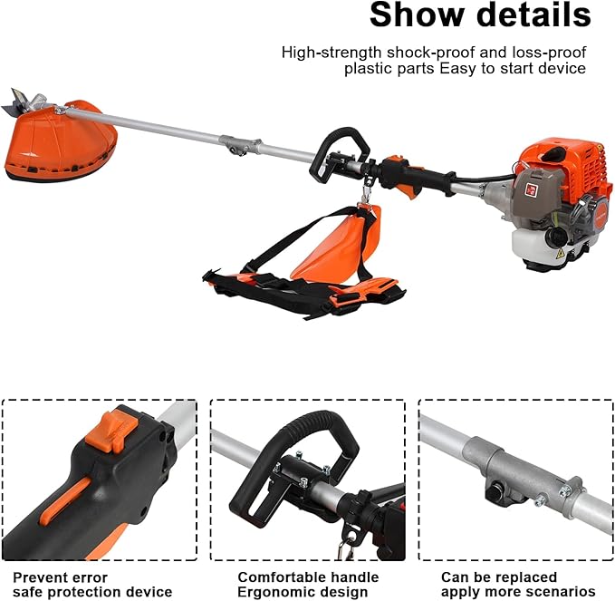52cc 2 Stroke Gas Weed Wacker, Multi-Functional Gas Powered Brush Cutter, 5 in 1 Tool Weed Wackers, Cordless Hedge Trimmer, Gas Weed Wacker Yard Care Tools, Lightweight Weed Eater Orange