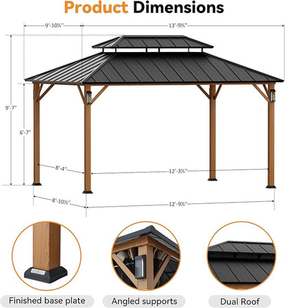 Modern Shade The Horizon Hardtop Gazebo 10' x 14' with 4 LED Lights, Permanent Outdoor Gazebo with Galvanized Steel Double Roof, Grill Pavilion with Decor Hooks, Mosquito Nettings, Wood-Looking