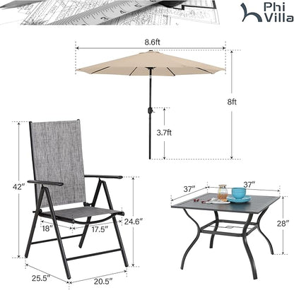 PHI VILLA Outdoor Patio Dining Set with 9 Ft Umbrella for 4, 4 Outdoor Patio Reclining Folding Sling Grey Chairs with Armrest & 1 Square Metal Patio Dining Table with 1.57" Umbrella Hole