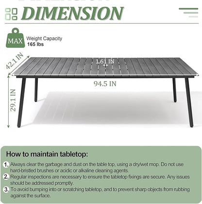 Outdoor Dining Table for 8-10, 94.5 inch Patio Dining Table with Wooden-Like Top and Aluminum Frame, Rectangular Table with Umbrella Hole Outdoor Furniture, Grey