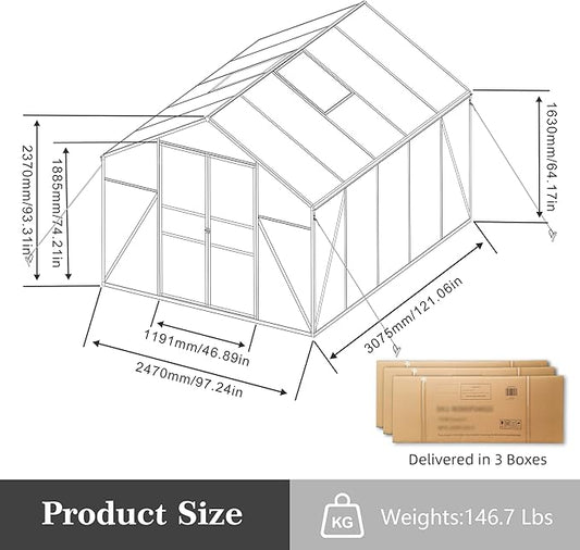 8x10 FT Greenhouses for Outdoor,Heavy Duty Polycarbonate Greenhouse,Large Walk-in Garden Green House with Raised Base,Double Doors and Two Ventilation Windows for Outside, Backyard,Black
