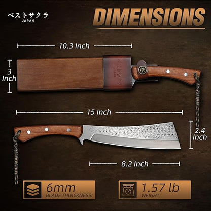 Purple Dragon Heavy Duty Machete for Cutting Trees & Yard Work - Camping/Survival Knife with Solid Wood Sheath - Bushcraft & Brush Clearing - 15 Inch