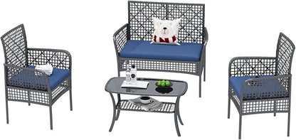 4-Piece Patio Furniture Set, Weather-Resistant Rattan Patio Conversation Set with Two-Tier Coffee Table, Upholstered Openwork Wicker Furniture for Porch, Garden, Lawn, Blue