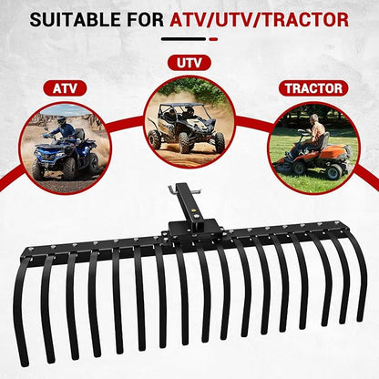 48" Durable Tow Behind Landscape Rake Tractors Rake Fits 2" Receiver for Lawn Tractors or ATV/UTV，Black